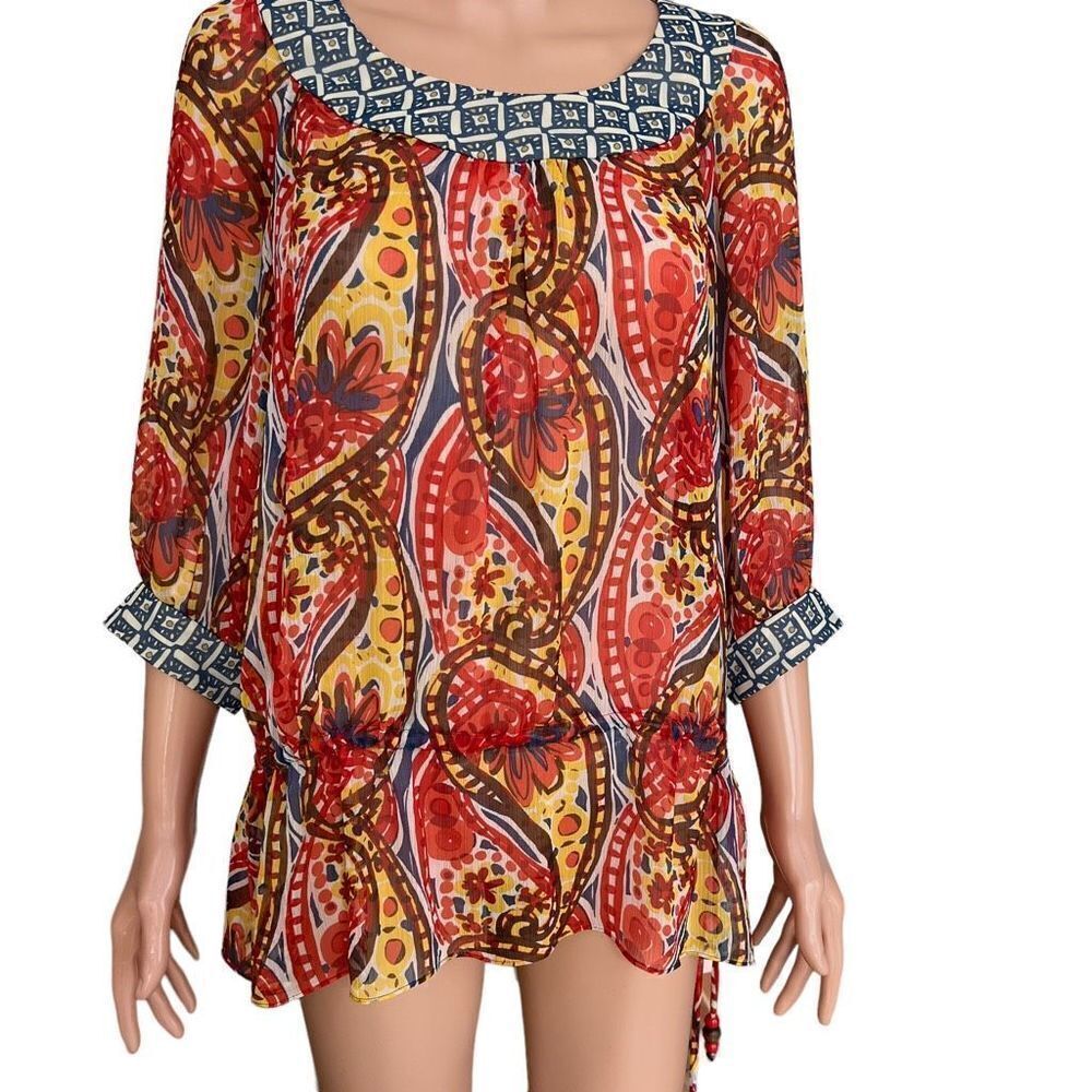 Nine West tunic blouse floral paisley print boho tassels sheer size S